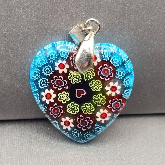 Murano Jewelry - Murano Style Millefiori Glass Heart Pendant 1.25" Multicolor Floral 18k GF Bail